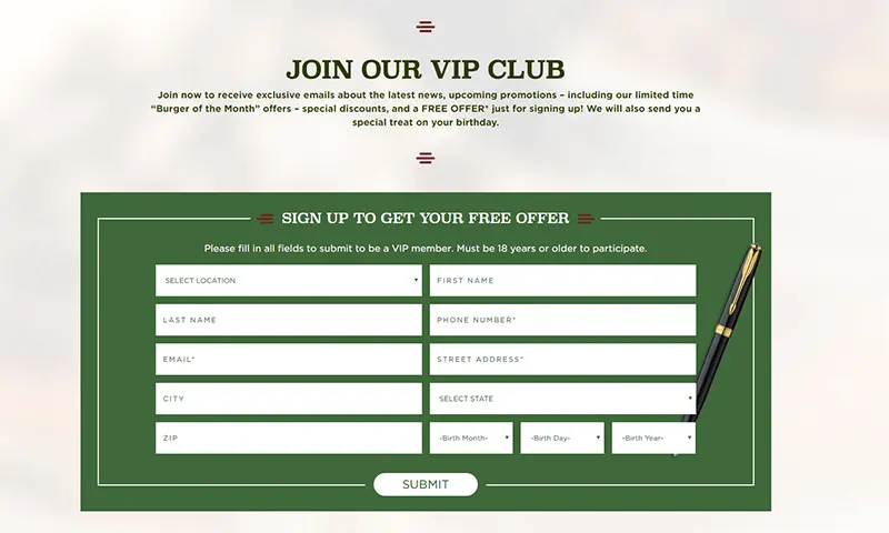 VIP Club signup page