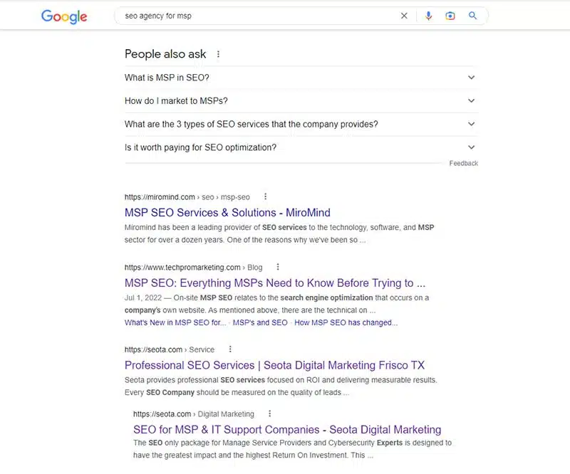 actual search results for MSP SEO Agency showing relevancy in search