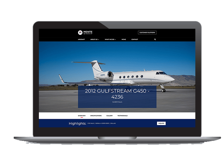 Mente Group Aircraft Website Design view on laptop